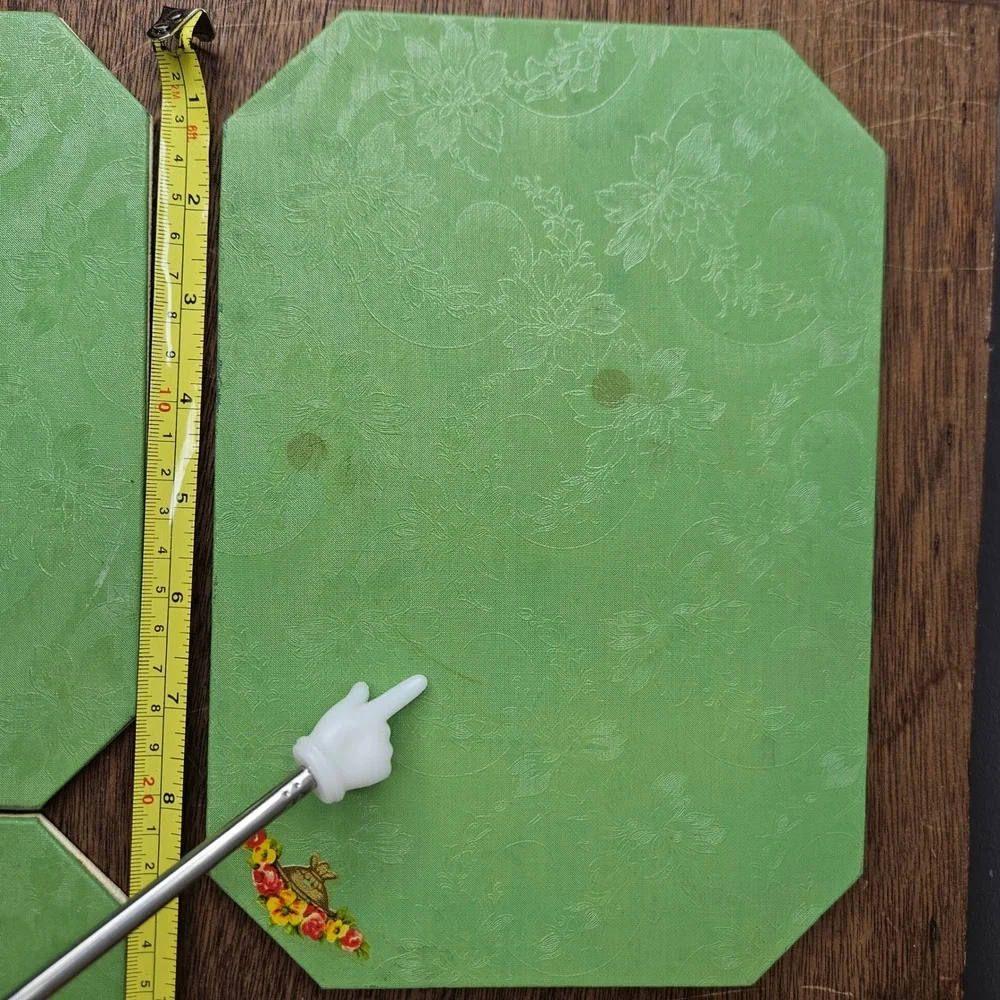 Vtg Green Floral Damask Octagon Placemats Trivets‎ Set of 3 Faux Leather Vinyl